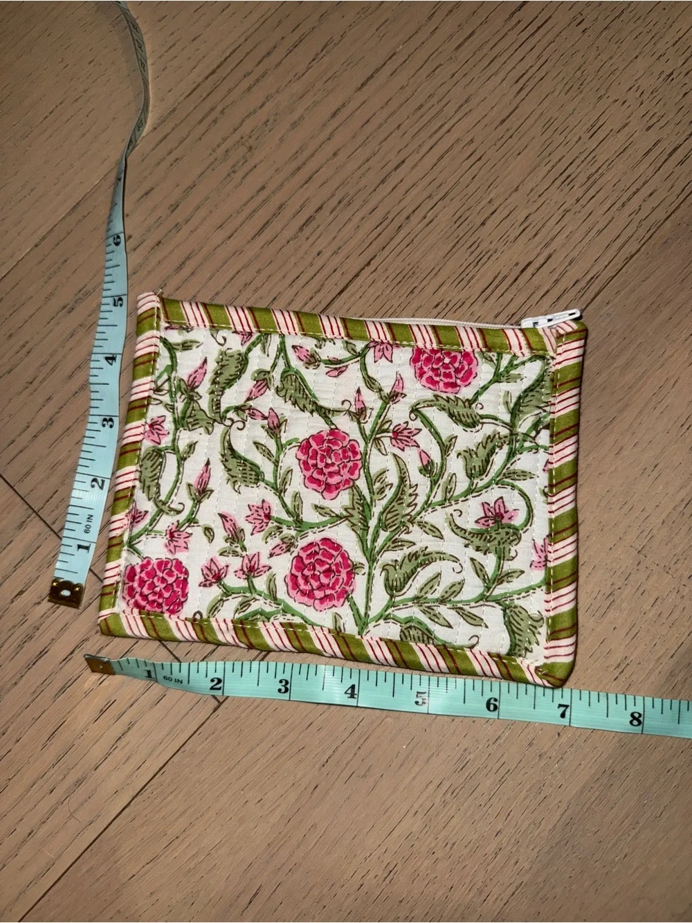 New & Handmade - Floral Quilted Zipper Pouch Bag in Pink and Green